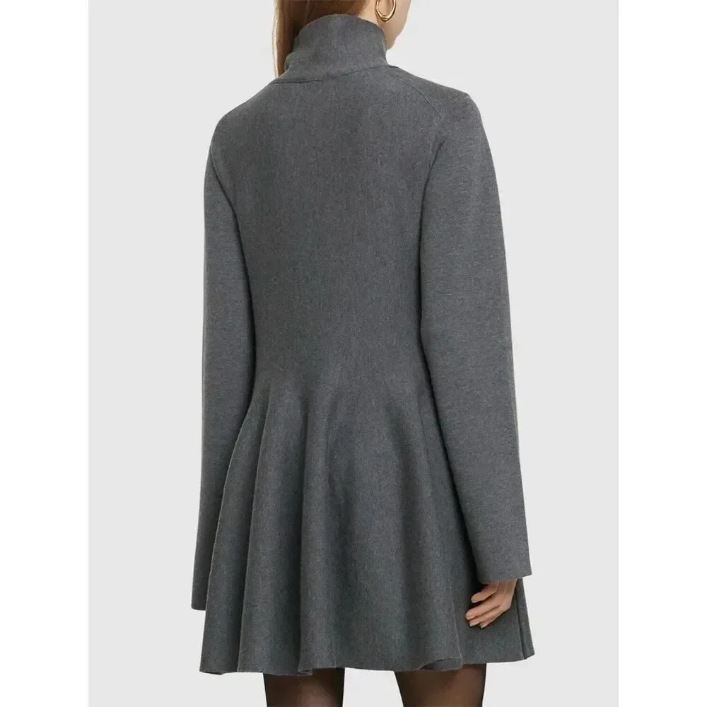 KHAITE Clarice Gray Wool Turtleneck Mini Dress L Fit Flare Luxe